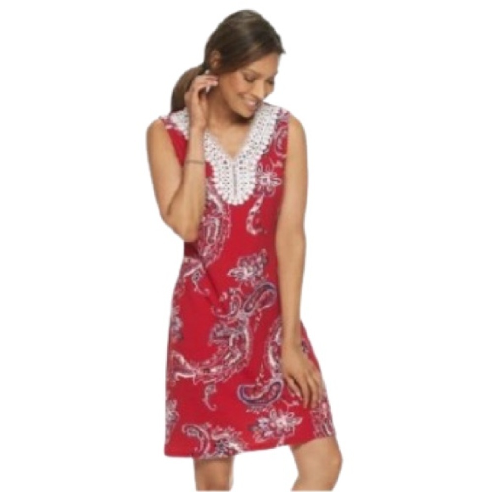 Dana Buchman Red and White embroidered paisley print dress - Picture 5 of 8